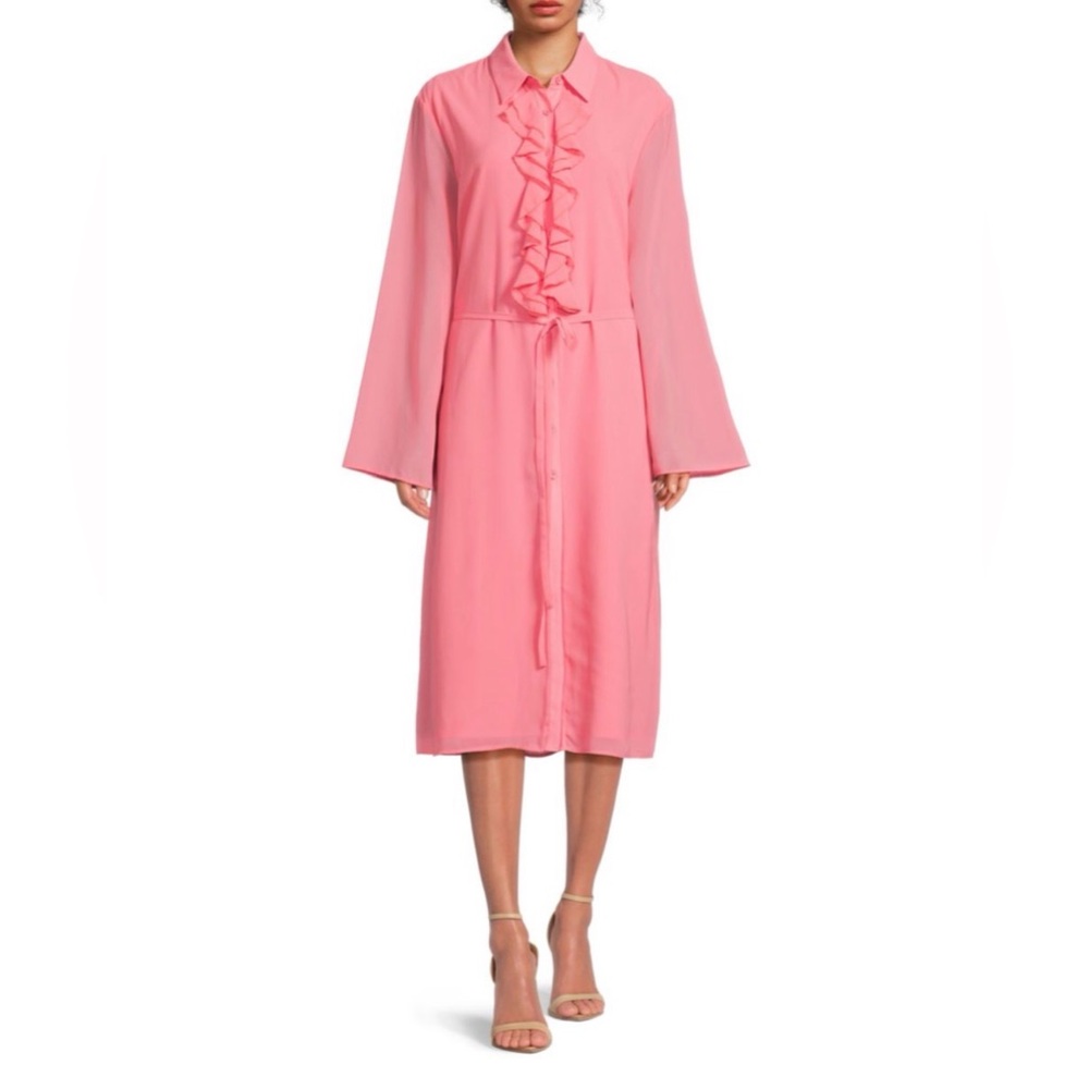 Area stars- Pink Long Sleeve Ruffle Midi Dress